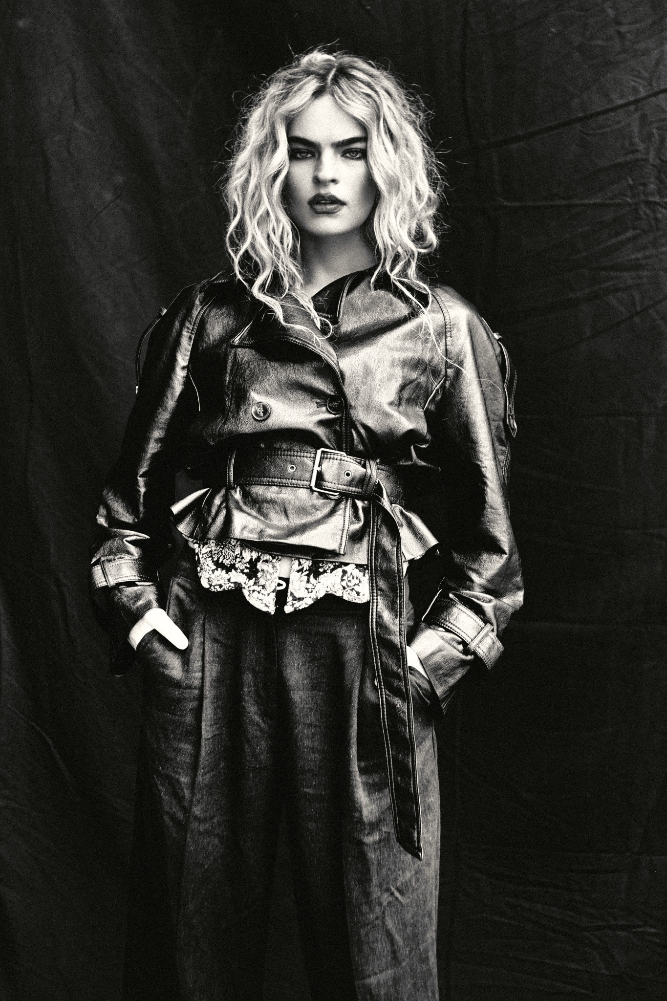 Studio editorial in a lustrous blouse